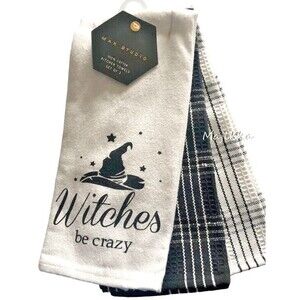 Max Studio Halloween Kitchen Dish Towels Witches Be Crazy Black White Set Of 3